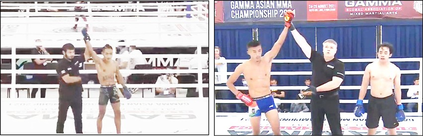 (Left) Arsenba Ozukum advancing into the semi finals of the GAMMA Asian Championships held in Cholpan Ata, Kyrgyzstan on August 25. (Right) Kekhrieneitso Angami beats Ibnu Ananda of Indonesia.